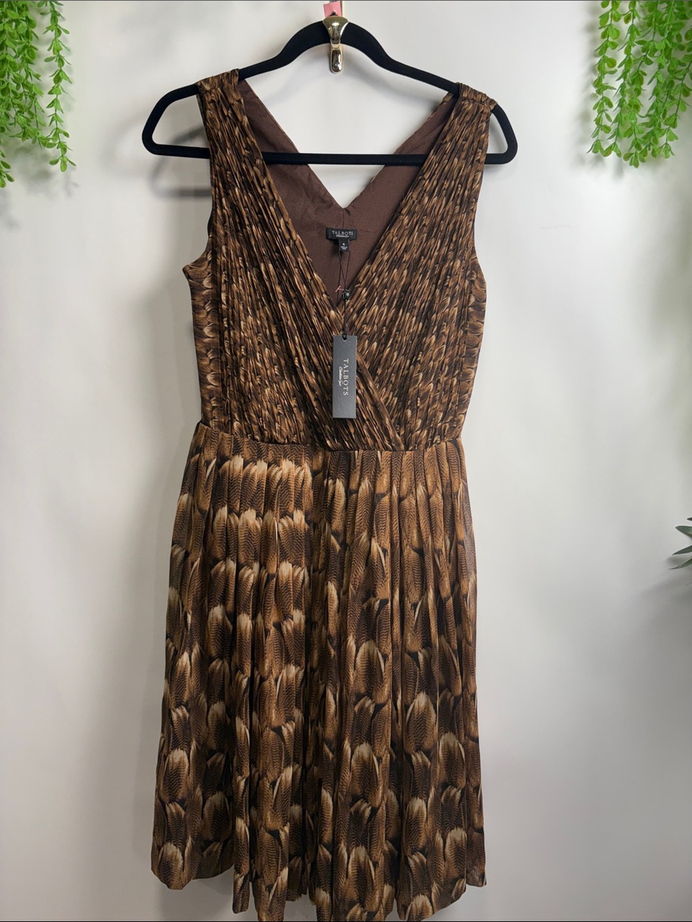 Talbots Brown Printed V-Neck Pleated Midi Dress with Textured Pattern